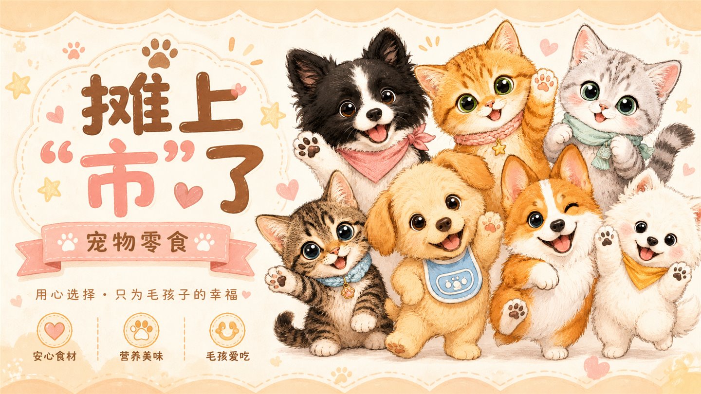 摊上市了宠物零食猫狗插画横幅